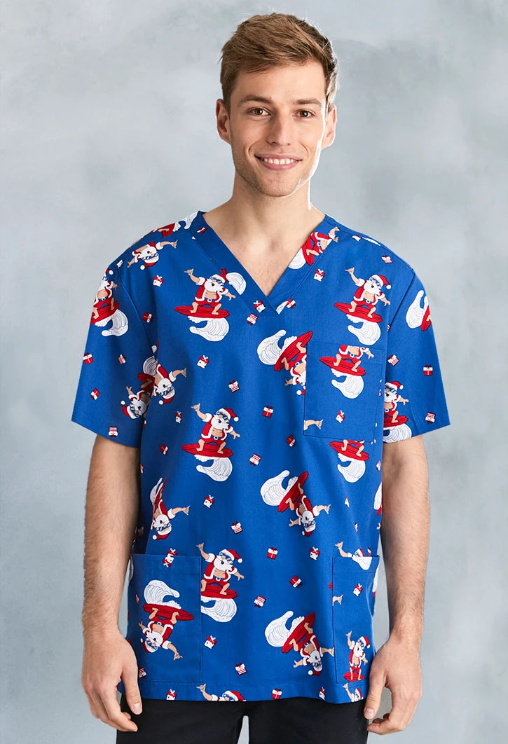 Biz Care Mens Christmas V Neck Short Sleeve Scrub Top