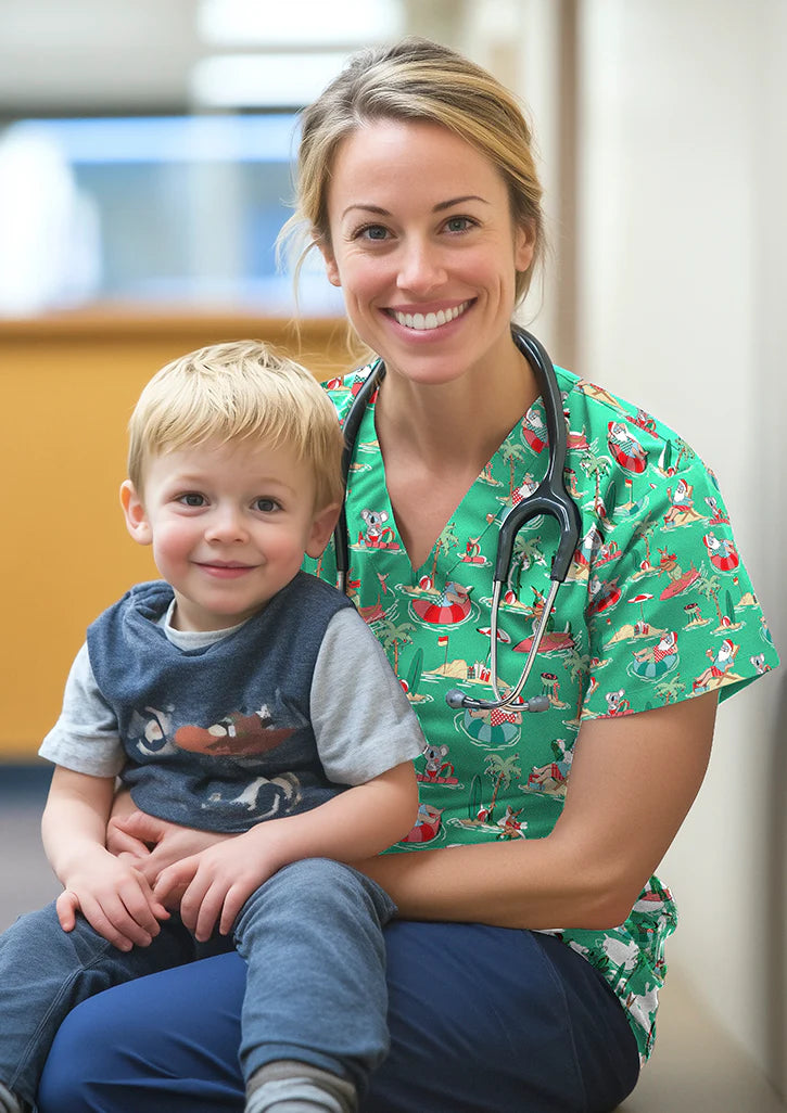 Nurse in green scrubs with a child in a hospital setting
